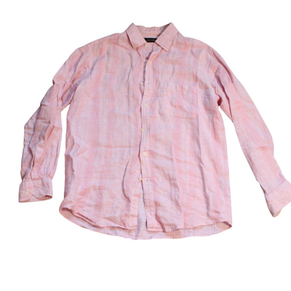 Tasso Elba Mens Pink Linen Button Up Shirt Long Sleeve 100% Linen Medium